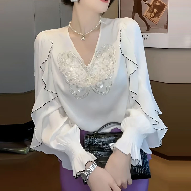 

Women Ruffle Butterfly Sequins Chic Fairy Blouses White Office Lady Elegant Shirts V Neck Long Sleeve Tops Party Blusas P15