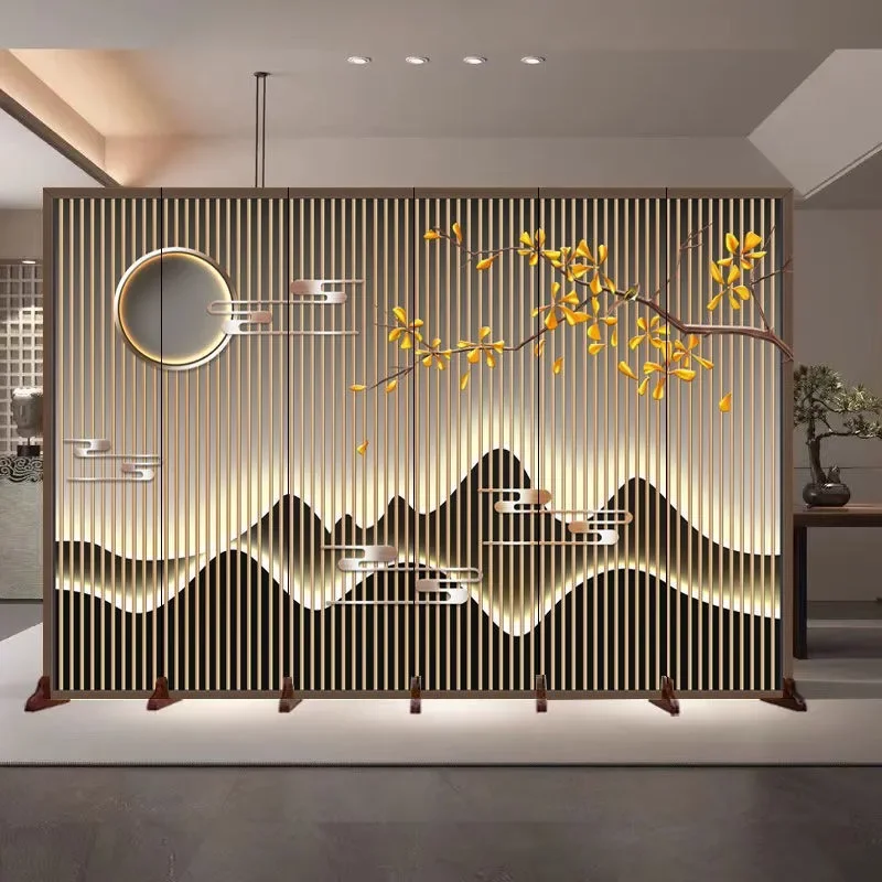 Movable Screen Partition with Wheels New Chinese Landscape Double Sided Folding Room Divider for Living Room Hotel Home Decor