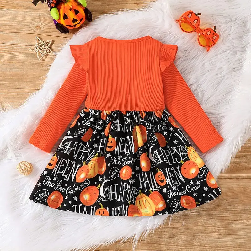 Halloween Children Girl\'s Dress Long Sleeve Round Neck Pit Striped Pumpkin Print