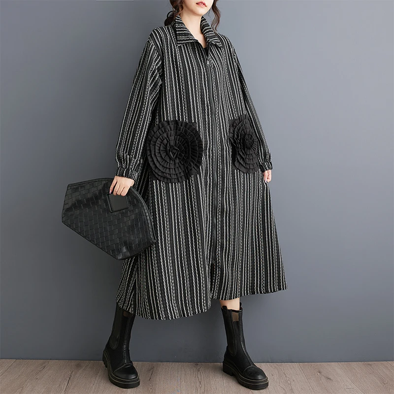 Fashionable plus Size Women's Midi Length Coat Dress with Pleated Skirt Stripe Pattern Long Sleeve Commuter Style Spring Autumn