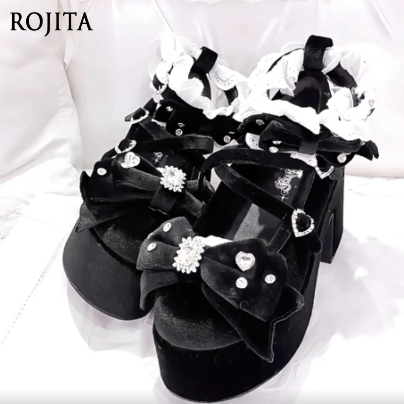 Gemstone Bow High Heel Single Shoes Velvet Thick-Soled Shoes with Rhinestone Japanese Style Versatile Doll-Feel Platform Shoes