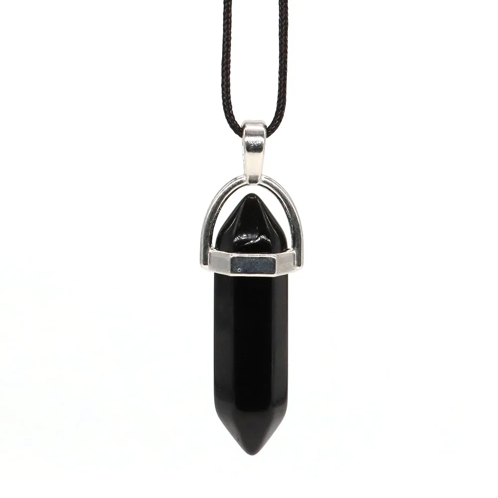 Crystal Hexagonal Column Pendant Natural Stone Black Obsidian Necklaces Chakra Healing Gift Women Men Fashion Jewelry 1PC