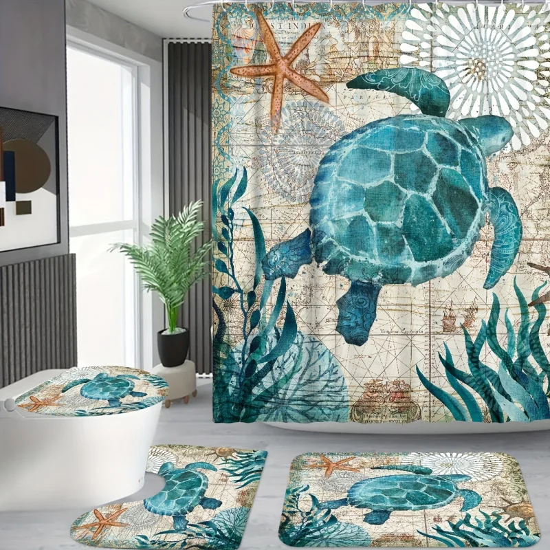 1/3/4PCs sea turtle series, waterproof shower curtain with 12 hooks, non-slip bathroom rug, toilet U-shape mat, T