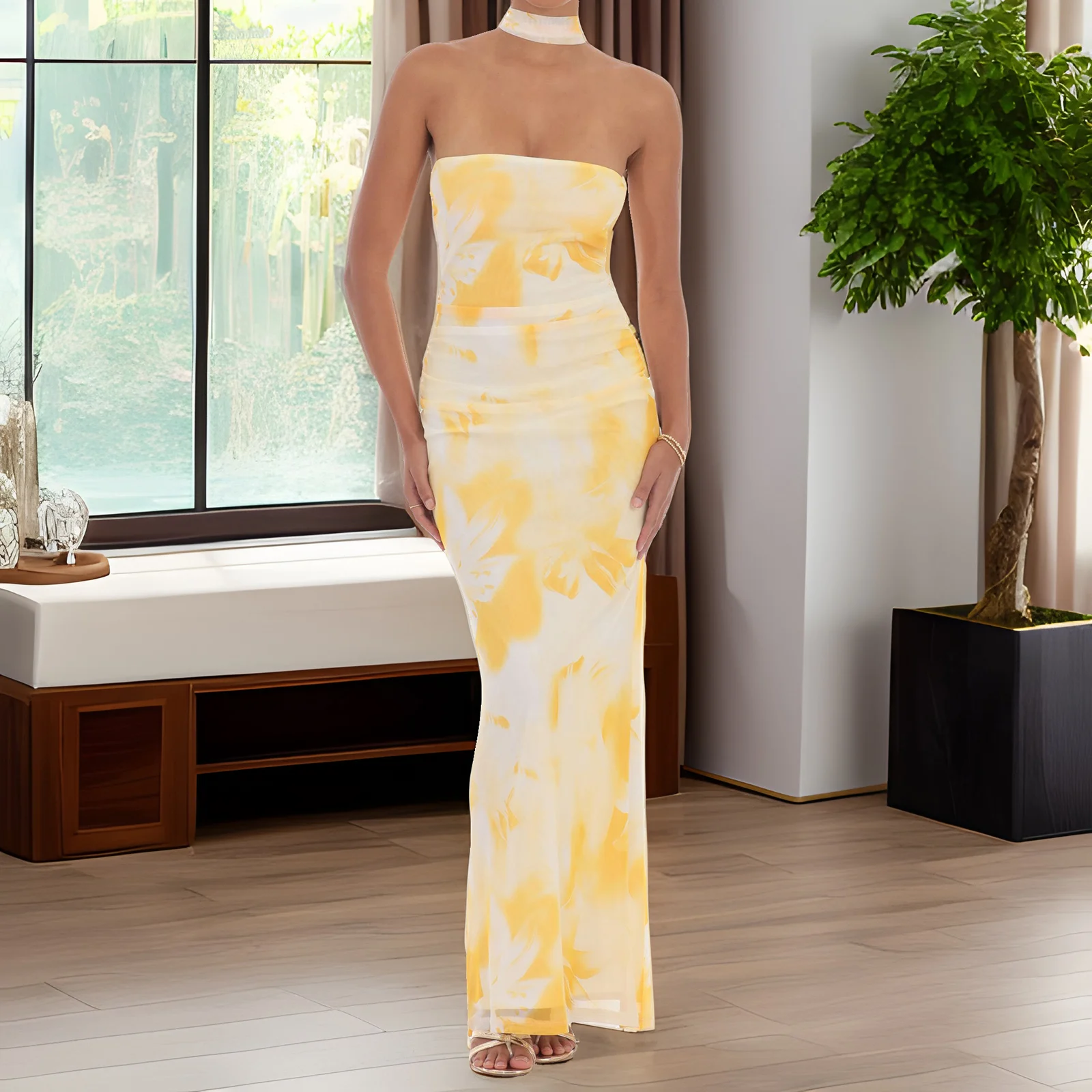 Abiti lunghi da donna con top a tubo estivo, motivo floreale, senza spalline, senza spalline, vestibilità slim, senza maniche, in rete con sciarpa al collo