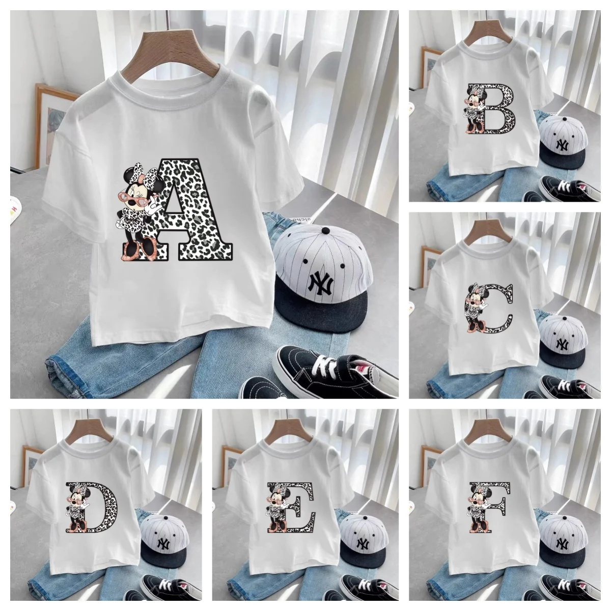 

Disney New Leopard Minnie Mouse A-Z 26 English Letters Kids T-shirt Short Sleeve Tops Tee Clothing for Girls Clothing Children's