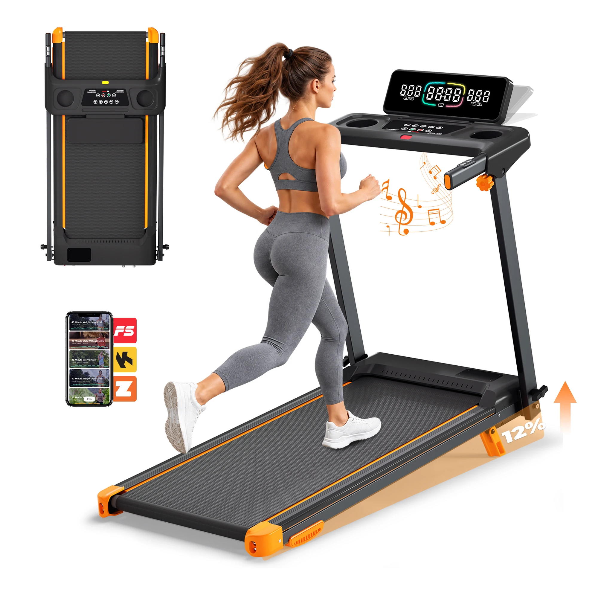 Y-RAIN 3-in-1 faltbares Laufband mit Handläufen, 12 % Steigung, Geschwindigkeit von 1–12 km/h, leiser Motor, 12 Programme, Tragfähigkeit bis 150 kg, für den Einsatz im Büro oder zu Hause.