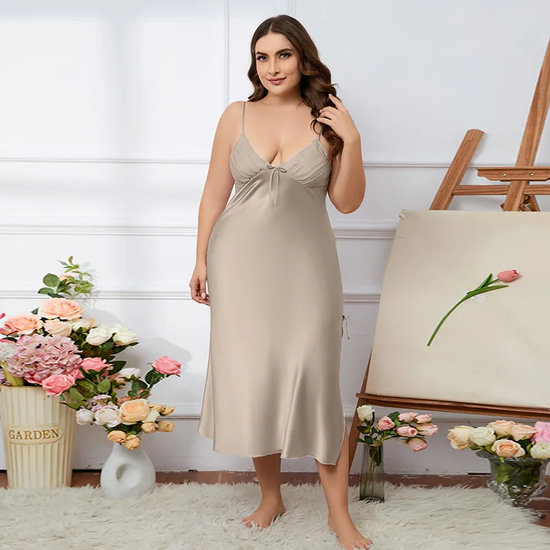 Large size Women Sleepwear Summer Homewear Solid Satin Seemless Midi Nightdress Plus Size Spaghetti Strap Nightgown 60-75kg