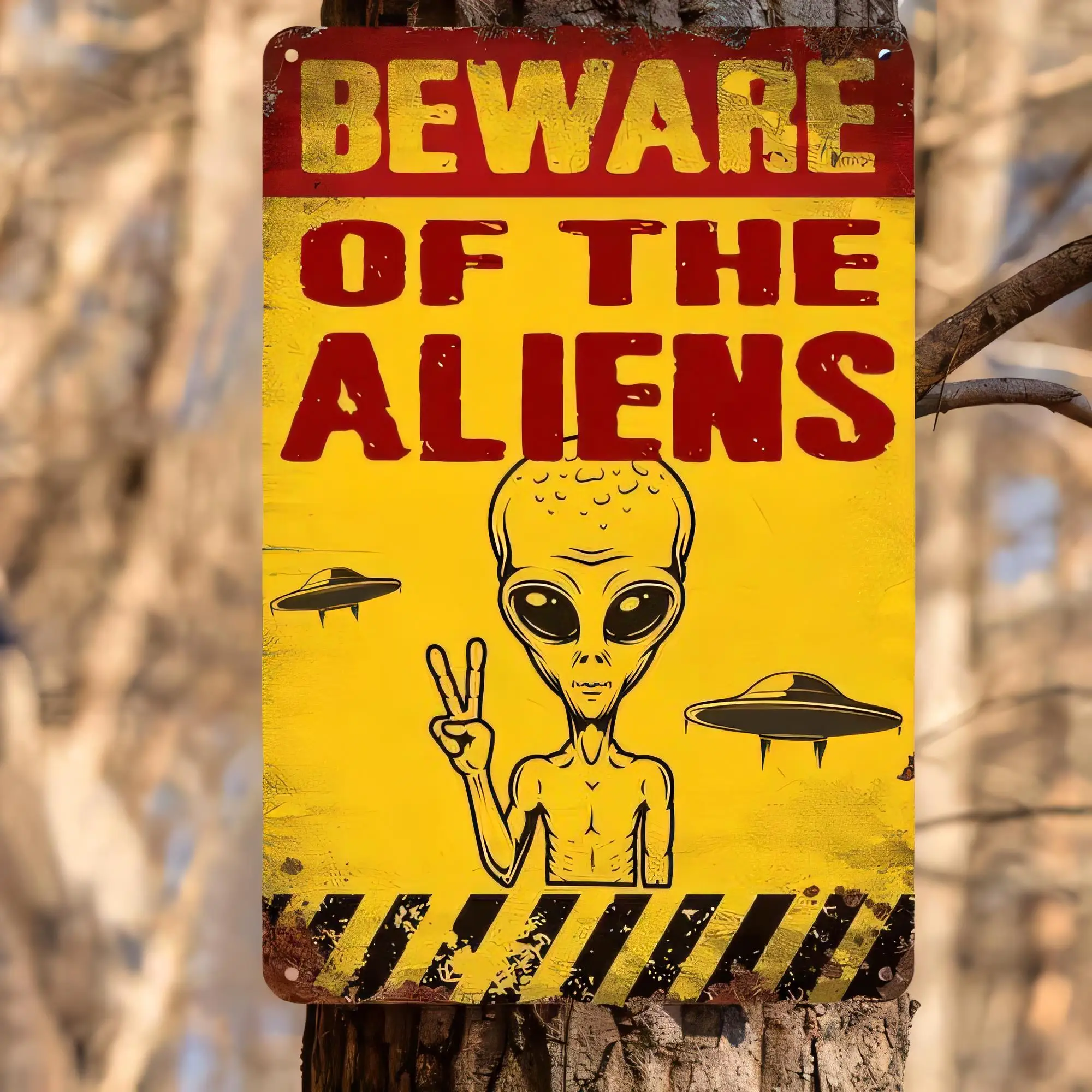 Tin Sign Beware Of The Aliens Vintage Metal Poster Alien Abduction Space Invader Wall Decor Rustic Retro Plaque for Home Bar Pub