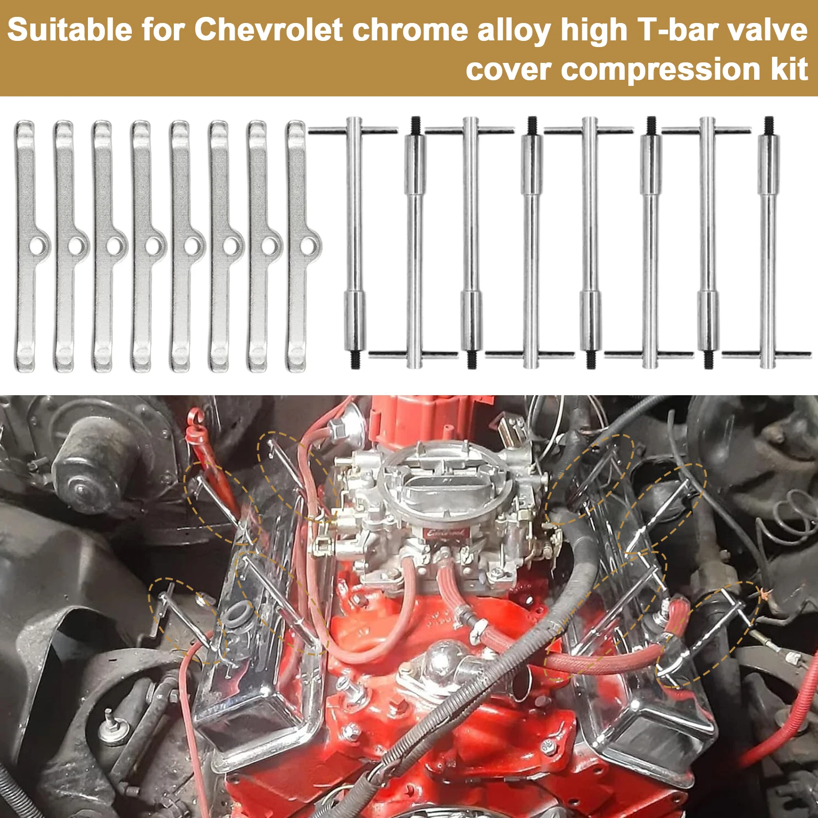 

Bolts Tabs Chrome Tall T-Bar Valve Cover Hold Down Set Tall T-Bar Valve Cover Hold Down Kit for Chevy SBC 283 327 350