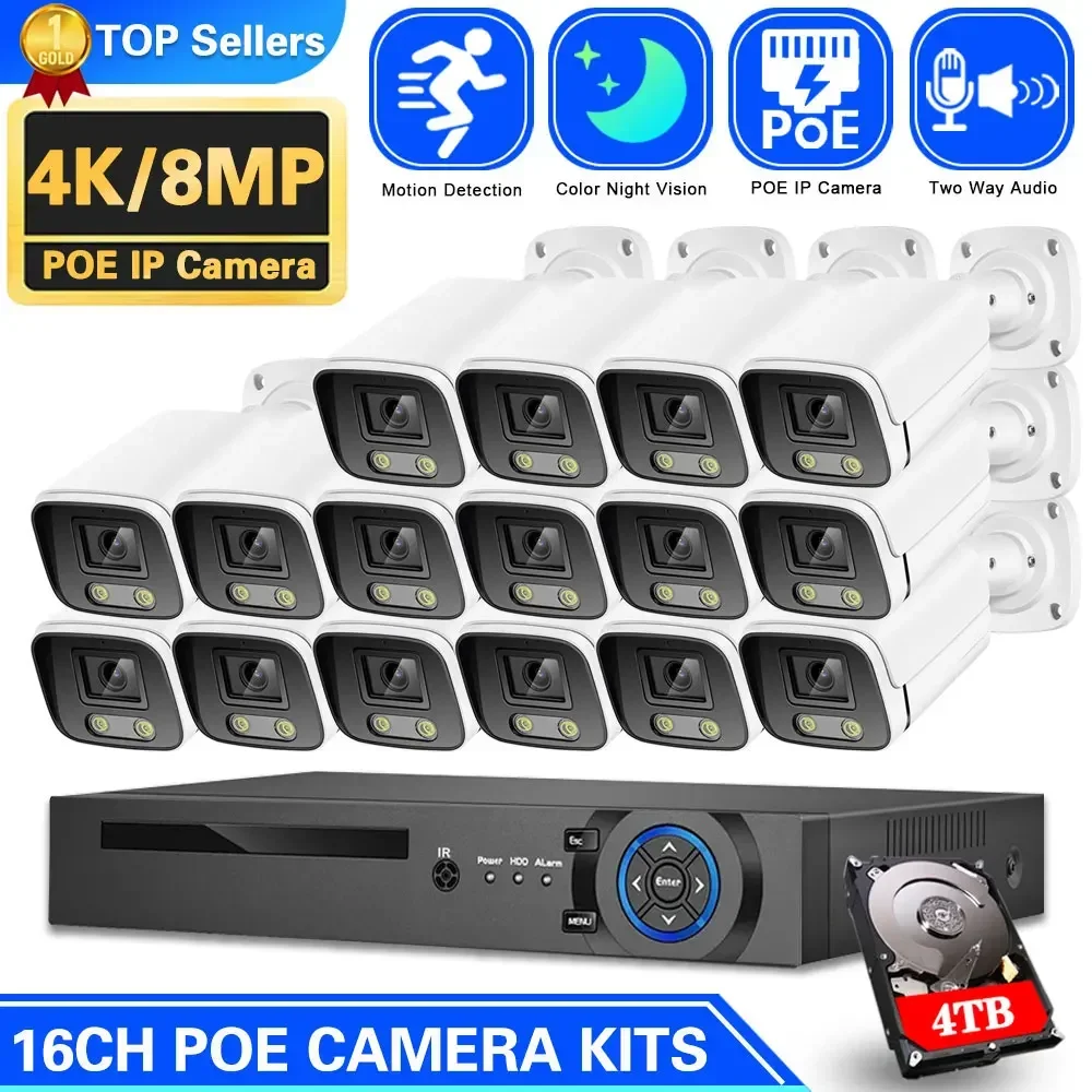 16CH 8MP 25FPS Motion Detection POE IP Camera Security System Kits Two-Way Audio Waterproof Security CCTV Camera Kit NVR Set P2P