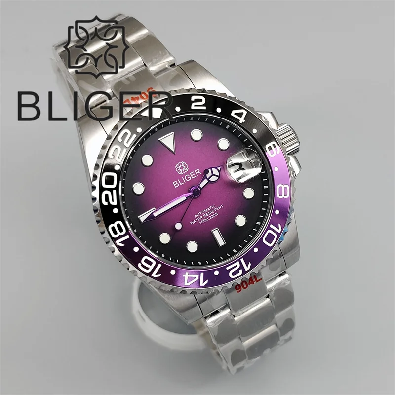 BLIGER 40mm Dive Watch For Men Black Purple Bezel Green Luminous Sapphire Glass Black Chapter Glow Black Purple Dial Waterproof