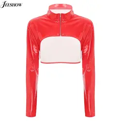 Top de cuero de charol brillante para mujer, chaquetas Ultra cortas con cremallera, cuello levantado, manga larga, manga de brazo, encogimiento de hombros, fiesta de baile, ropa de discoteca