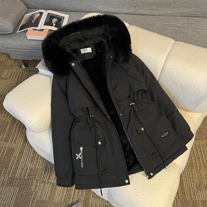 Parkas Women Mid Length Coats Hooded Zipper Jackets Thick Warm Y2k Streetwear Elegant Jacket Tight Waist Coat Autumn Winter