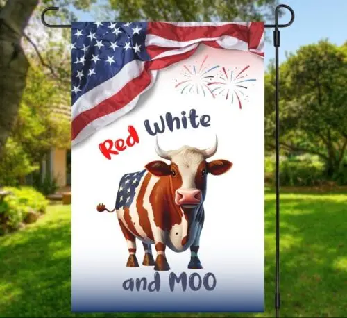 Funny Cow Welcome Garden Flag, Red White And Moo Garden Flag, Patriotic Home Dec WWL UUN