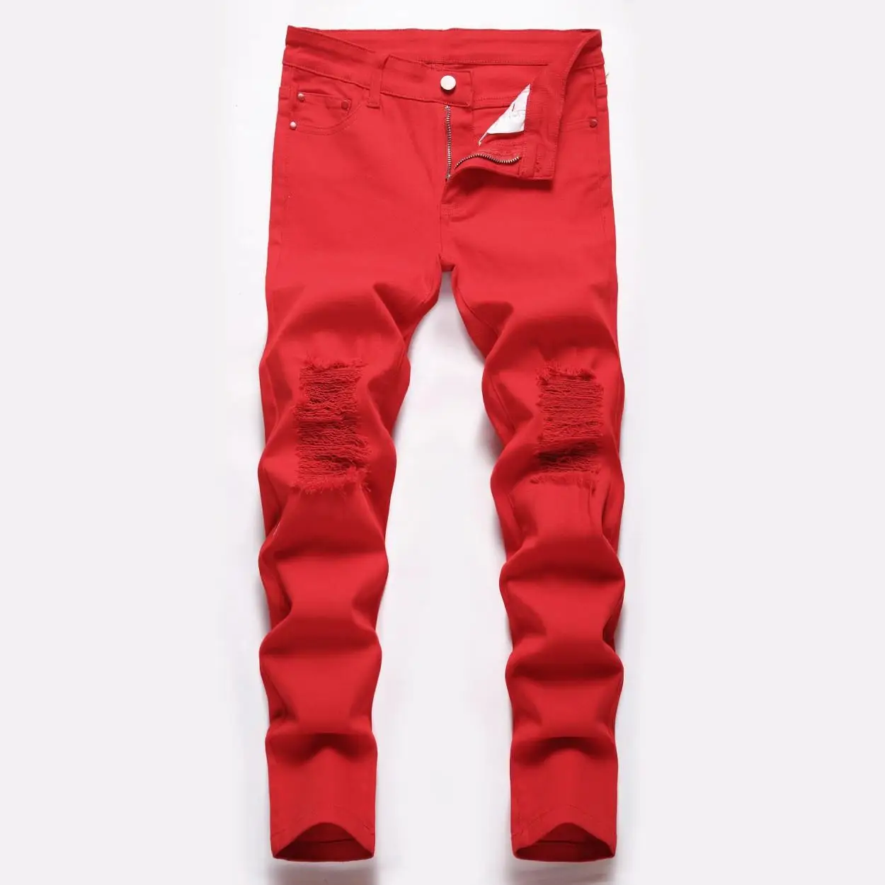 

Boys Cotton Straight Tube Long Pants Ripped Hole Casual Jeans mid Waist Zipper Decoration Teenagers' Comfortable Non-deformable