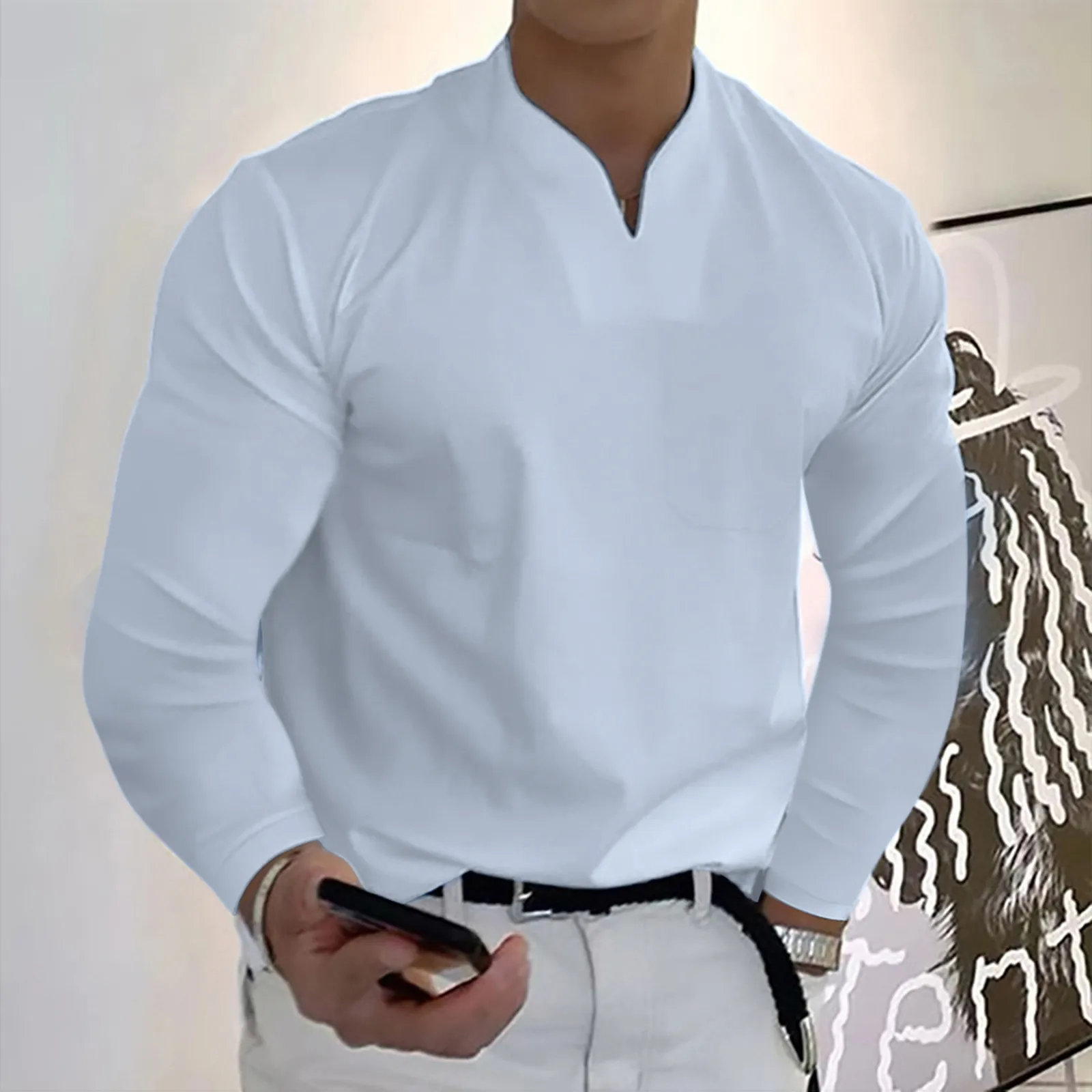 New Style Korean Version Student Clothing Trendy Men Spring Spring &Winter Casual V Neck Solid Long Sleeve Tee Shirt Top