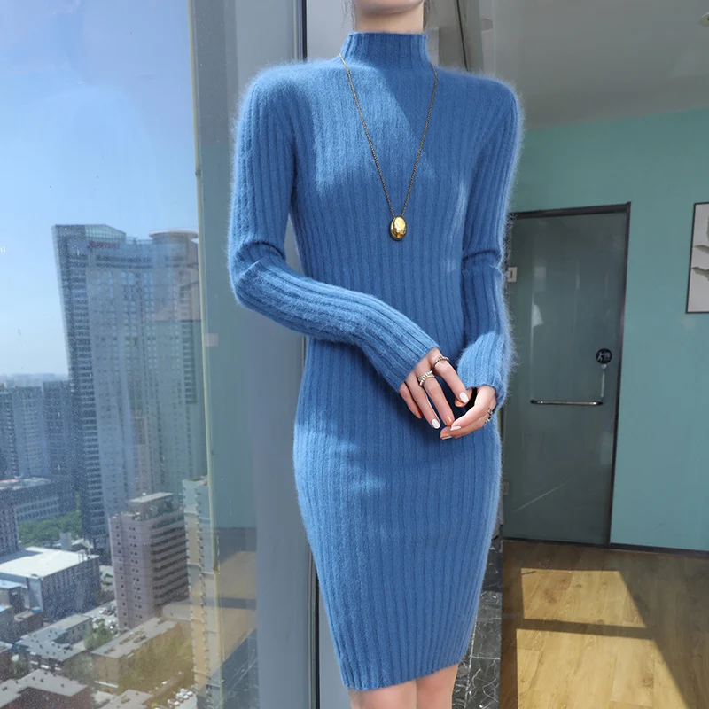 Hot selling 100% mink cashmere women\'s semi high neck dress sweater slim fit long sleeved knitted women\'s long style pullove
