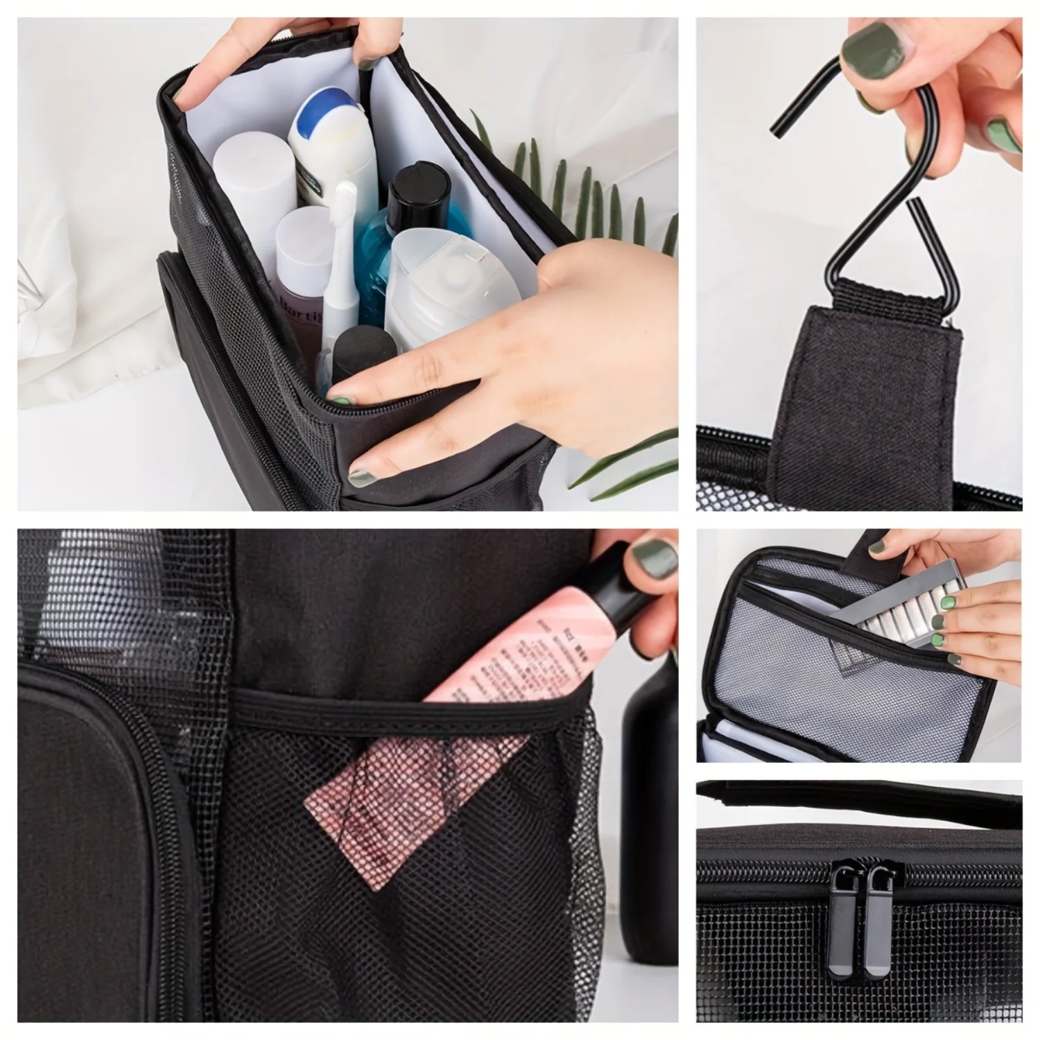Portable Large Capacity Toiletry Bag With Metal Hook, Travel  Bag, Breathable Mesh Hanging Cosmetics