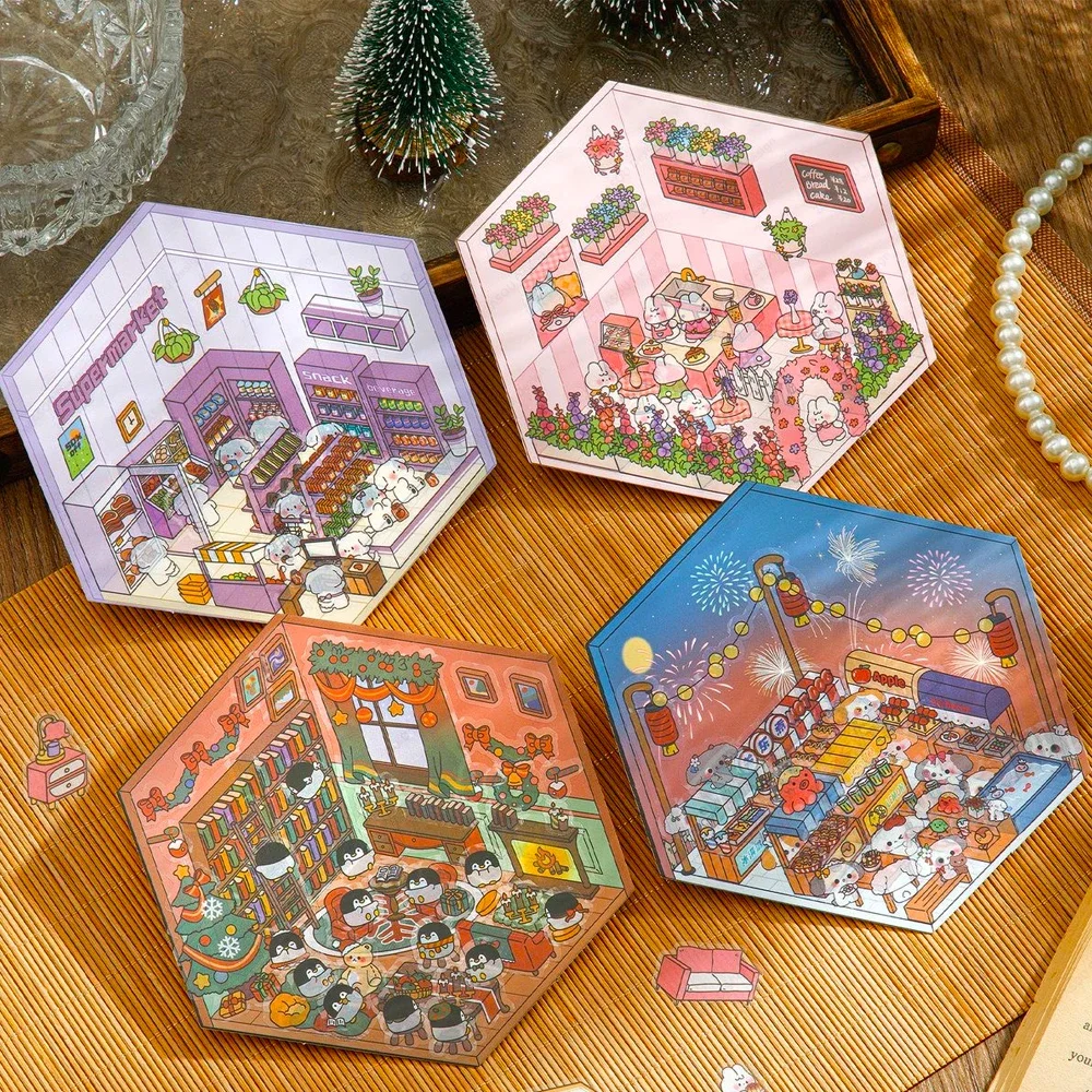 1-12 Uds. Pegatinas de paisajismo 3d divertidas y jugables escena de dibujos animados DIY pegatina de escena de cabina bolsillo pegado regalo para chico estudiante