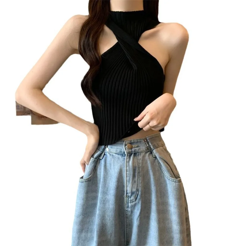 New Spice Girl Sexy Cross Knitted Sling Slim Outerwear Crop Top Summer Casual Short Top Outdoor