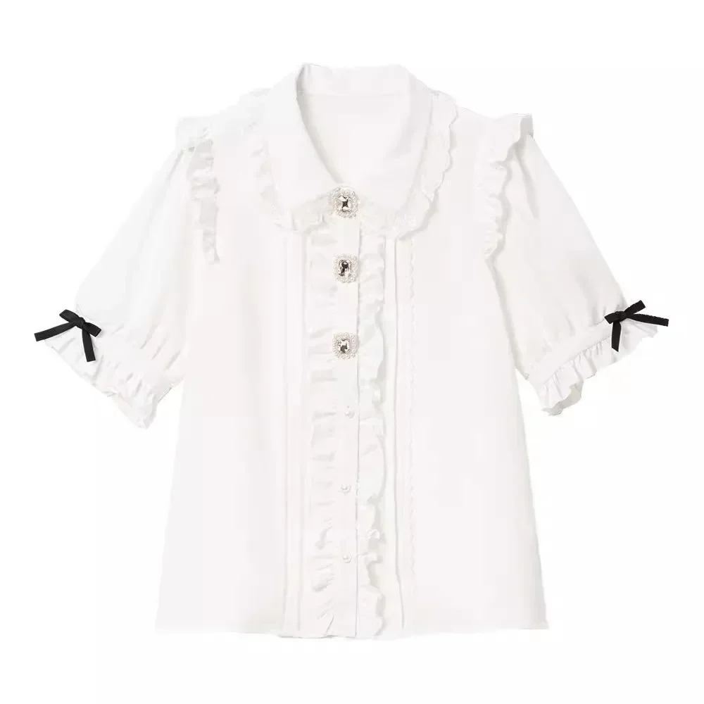 Camisa de manga corta de estilo japonés para niñas, blusa informal de manga abombada con cuello de muñeca de encaje, Tops para mujer que combinan con todo