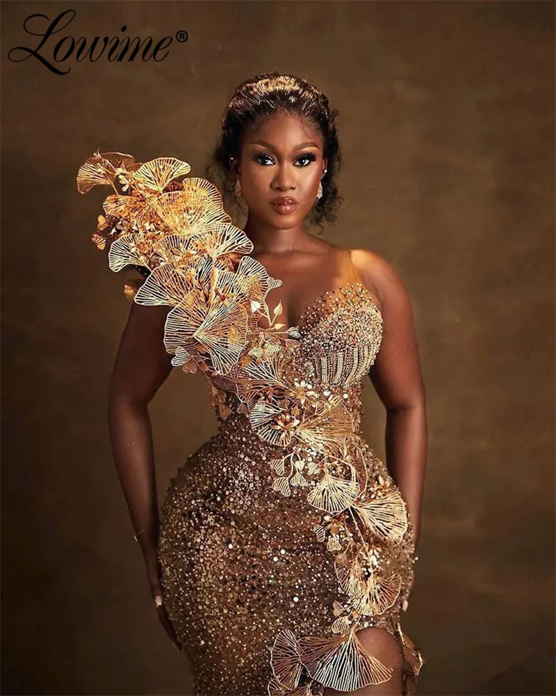 2024 Gold Plus Size Aso Ebi Prom Dresses For Black Women Evening Gowns Sequins Mermaid Sexy High Side Split Birthday Party Dress