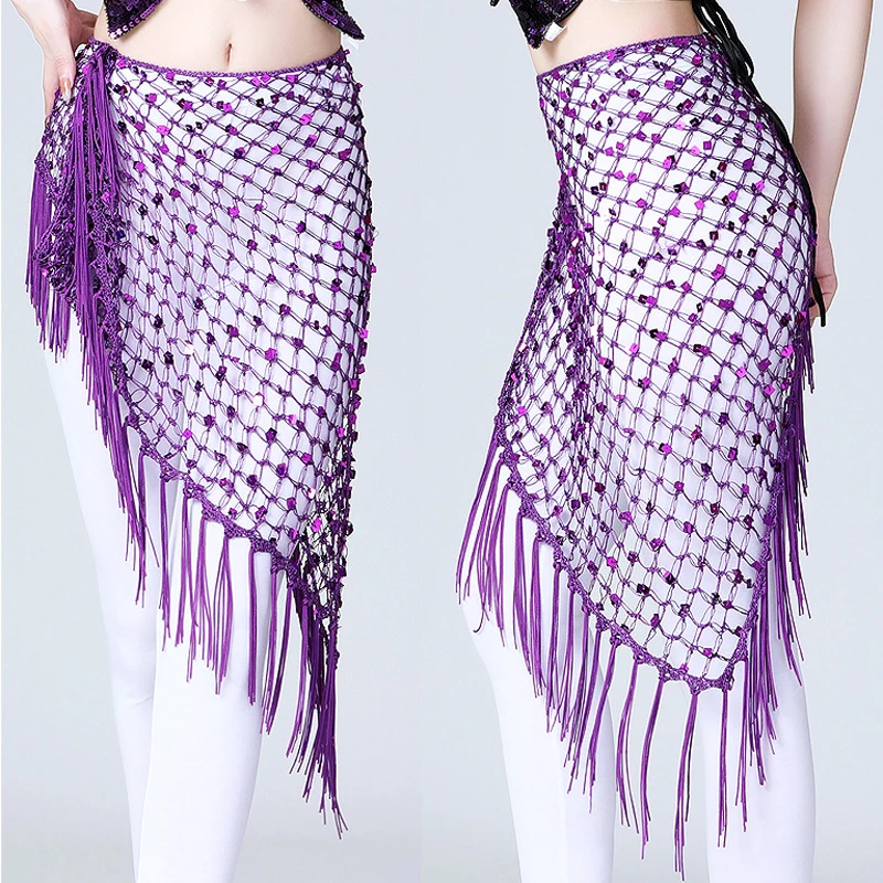 손의 삼각형 크로 셰 뜨개질 밸리 댄스 엉덩이 스카프 스팽글 벨트 밸리 댄스 엉덩이 스카프 밸리 댄스 액세서리 긴 술 벨트