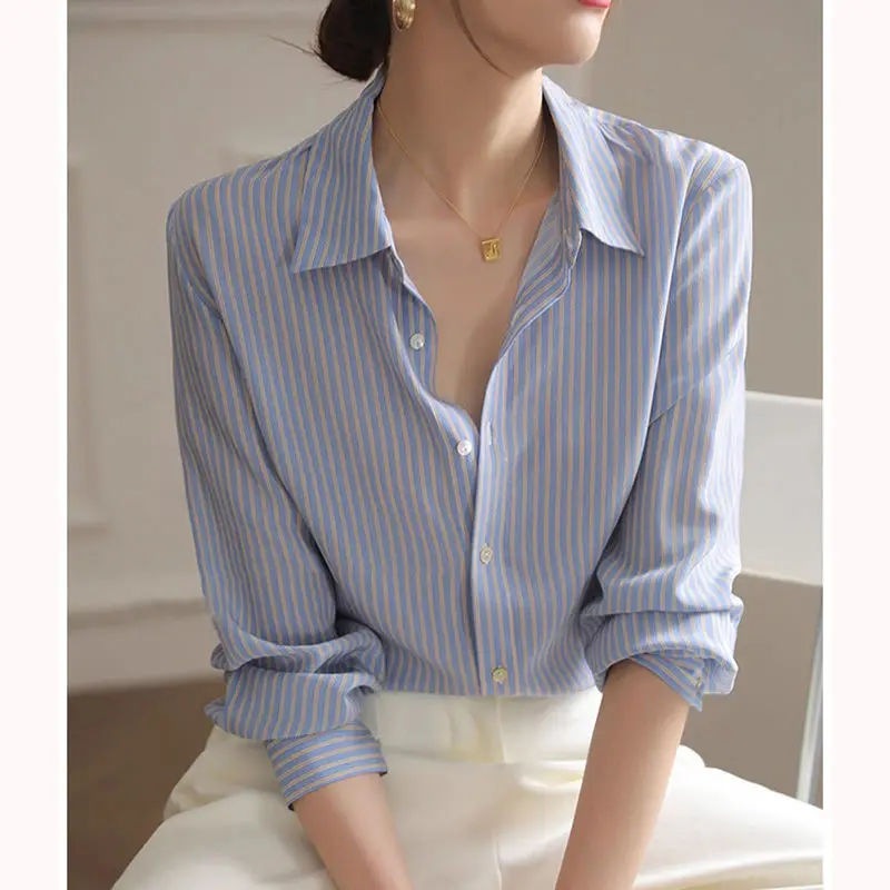 Women Summer Simplicity Office Lady Striped Appear Thin Polo-Neck Long Sleeve Shirts Women Clothes Casual All-match Trend Tops