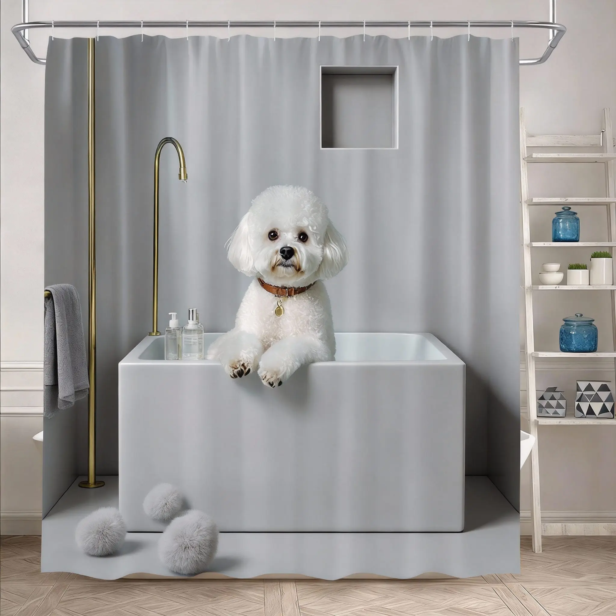 

Poodle Shower Curtain 180x180cm – Fluffy Dog in Pastel Blue Bathtub, Mosaic Tile Bathroom Decor, 12 Hooks