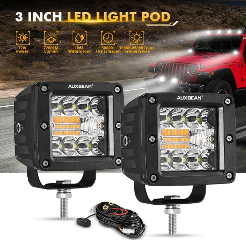 AUXBEAM 3Inch 72W LED Square Work Light Pod Dual Color 6 Lighting Modes Driving Lamp for Truck Pickup Offroad