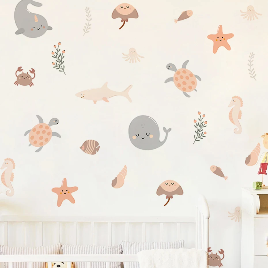 Boho Cartoon Marine Animals Whale Dolphin Wall Stickers Baby Room Wall Decoration Children Room Decor Bedroom Living Room