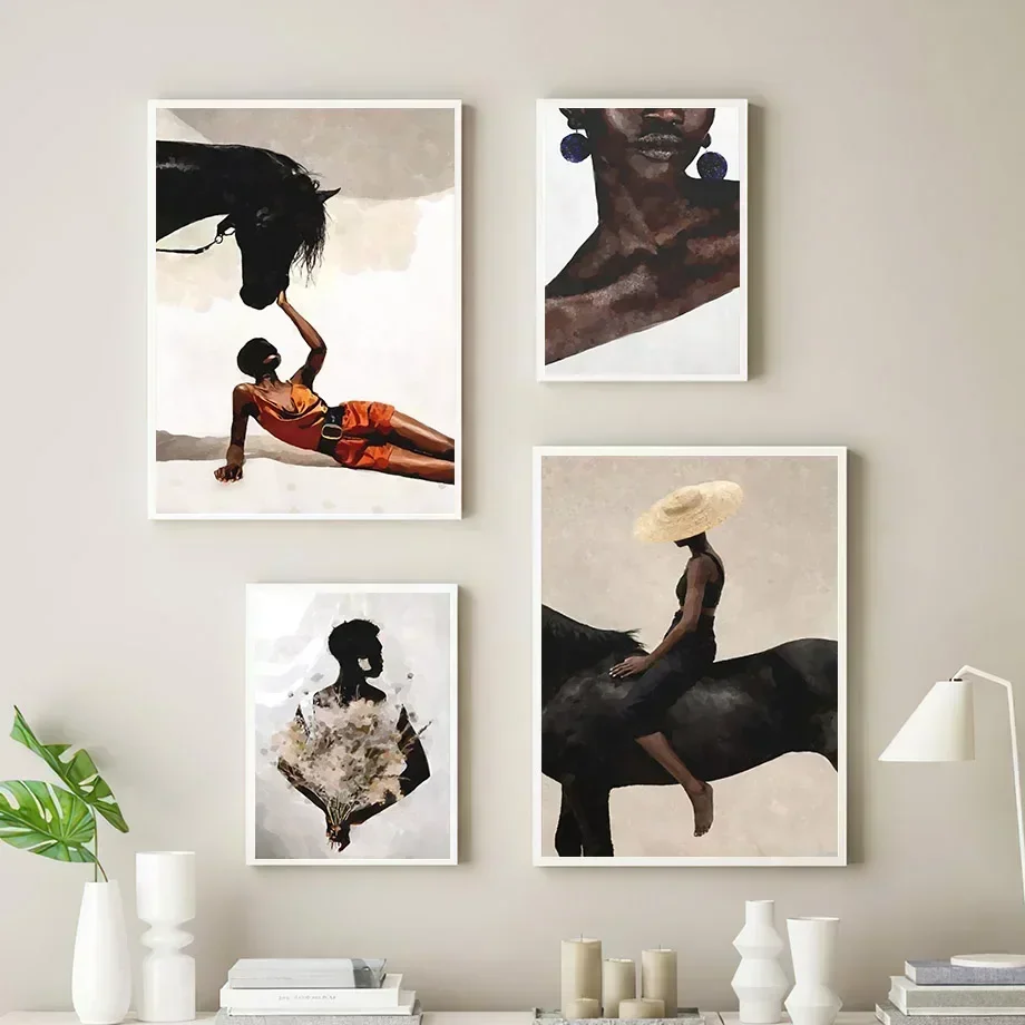 Schönes schwarzes Mädchen, Pferd, braun, minimalistischer Wandkunstdruck, Leinwandgemälde, Poster für Wohnzimmer, moderne Heimdekoration