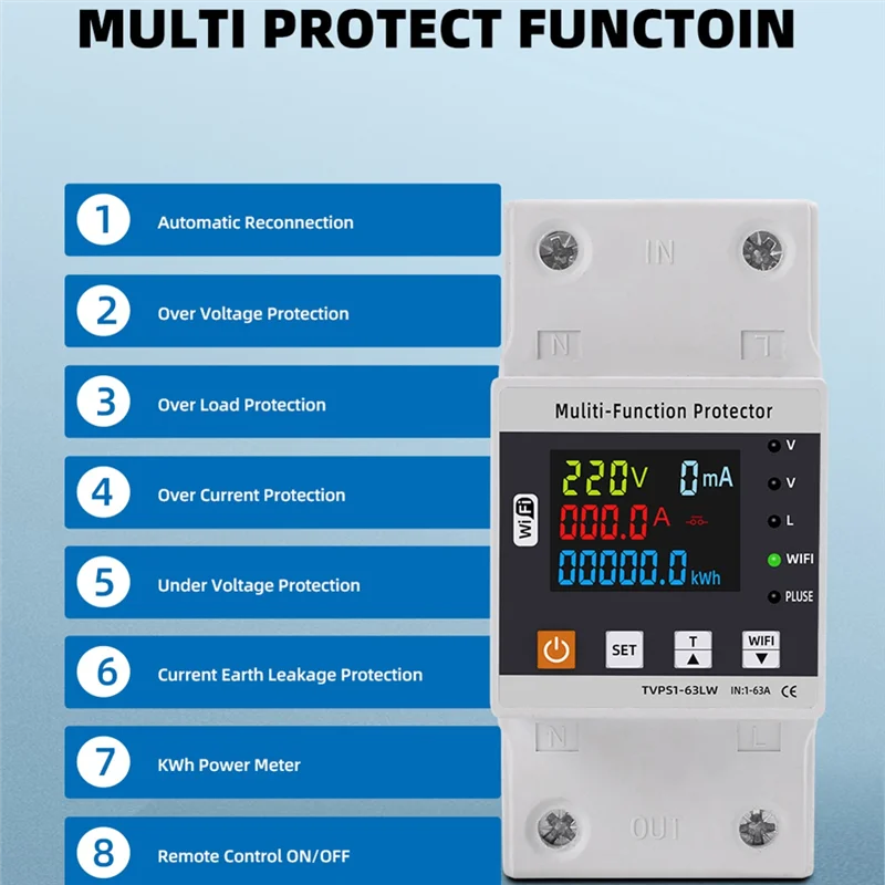 FULL-63A TUYA Wifi تسرب الأرض الذكي أكثر من تحت الجهد حامي التتابع قطاع دارة الطاقة الطاقة كيلووات ساعة متر