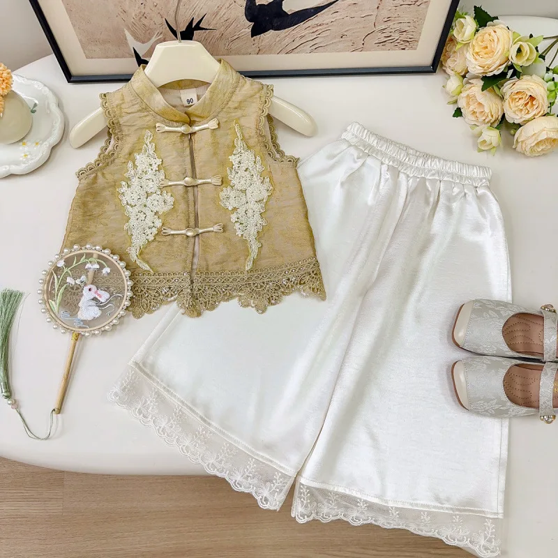 

2025New Style Girls' New Chinese Style Set Baby Girl Summer National Style Tang Suit Vest Lace Pants Two-Piece Set