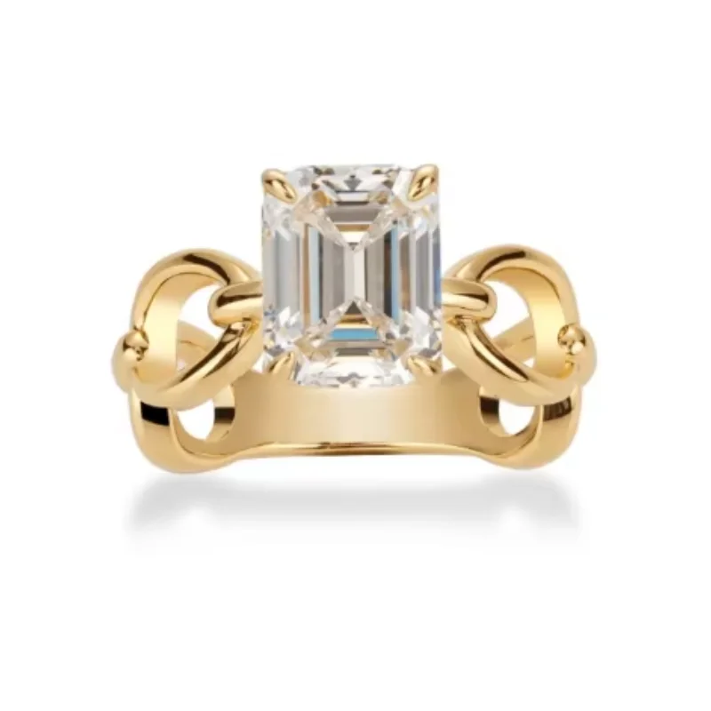 Bellux 925 Silver Synthetic Zircon White Square Large Carat Emerald Cut Four Claw Easy Matching Ring