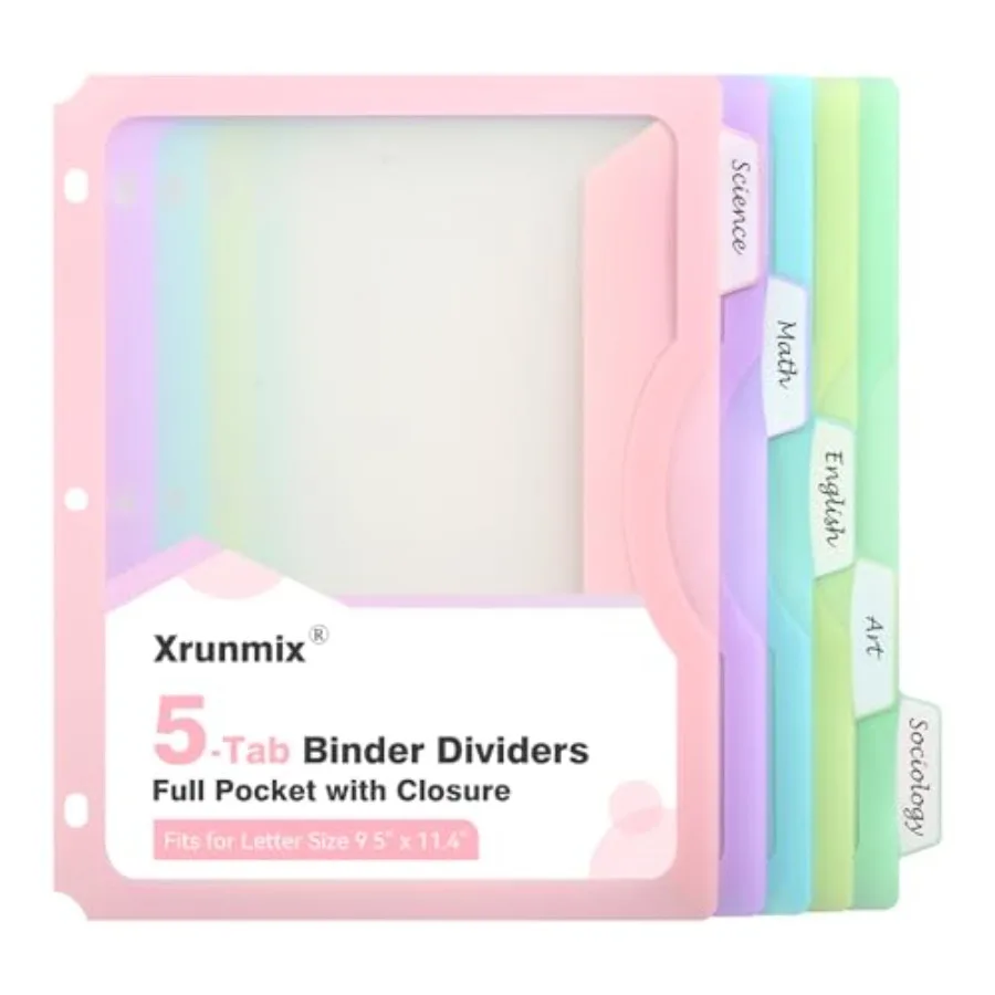 

5-Tab Dividers with One Full Pocket, 5 Counts Binder Dividers, 8.5 x 11'' Dividers for 3 Ring Binder 1''/2'' Recipe Binder Divi