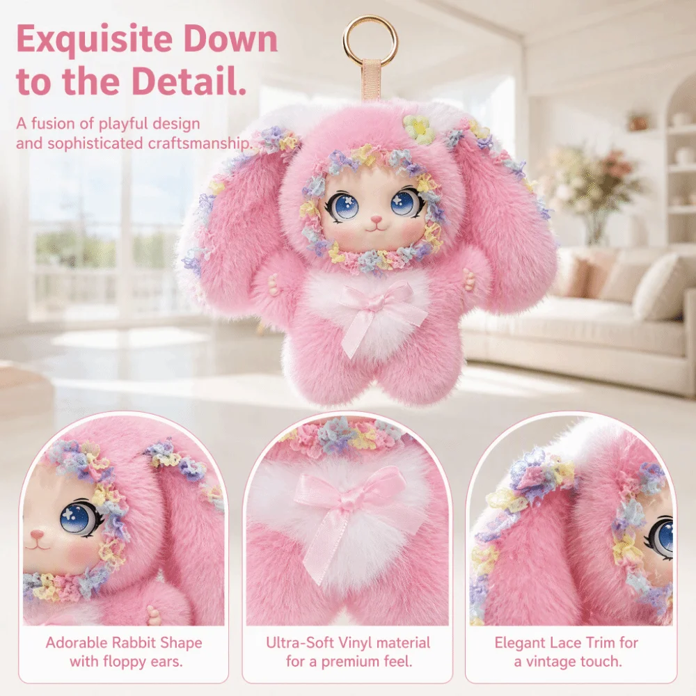 Lovely Cartoon Rabbit Big Ear Shape Lace Detail Vinyl Keychain Soft Bunny Decoration Backpack Decoration