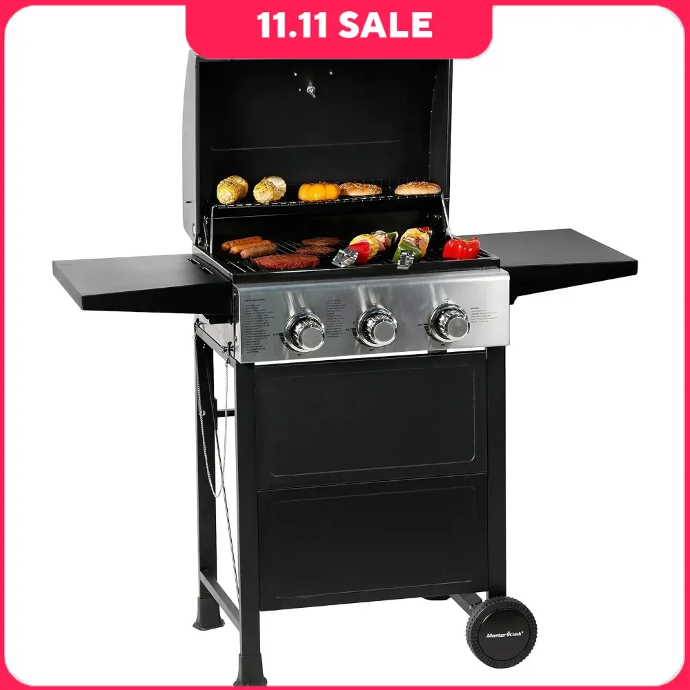 3 Burner BBQ Propane Gas Grill, Garden Barbecue Grill with Two Foldable Shelves, Barbecue Gril