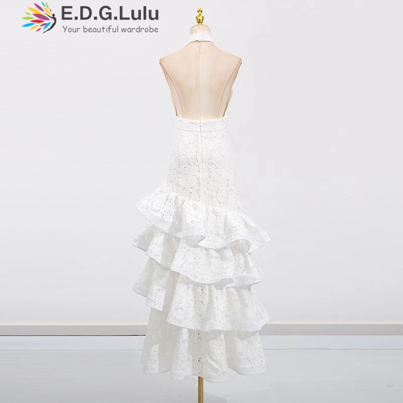 Edglulu oco bordado renda em camadas folha de lótus borda luxo vestido de aniversário mulher com decote em v sem costas festa longo vestido de noite 1013