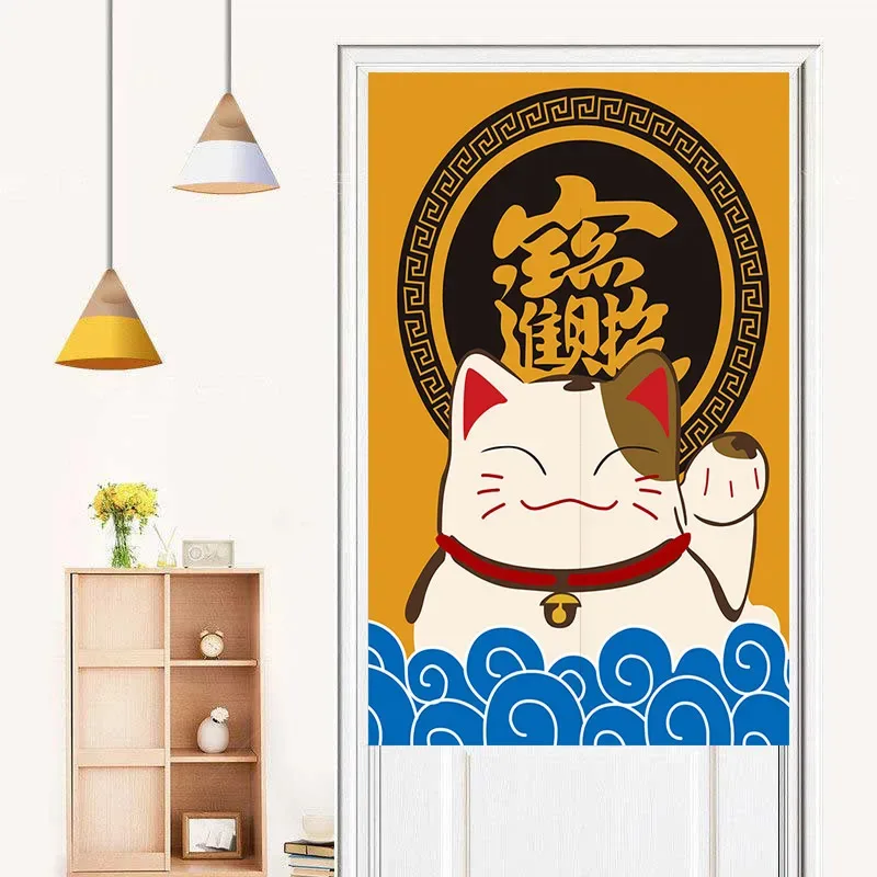 VIKAMA Lucky Cat Door Curtain, Suitable for Kitchens, Japanese-Style Lucky Cat Print Curtain, Dining Room Privacy Screen