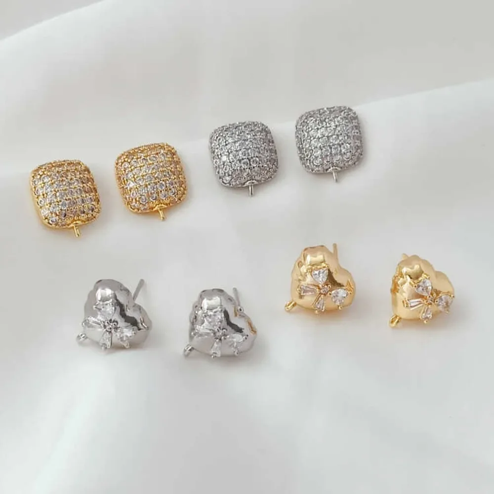 

14K Gold-plated Zirconium Square S925 Silver Needle Heart-shaped Earrings, European and American Cold Style DIY Earrings
