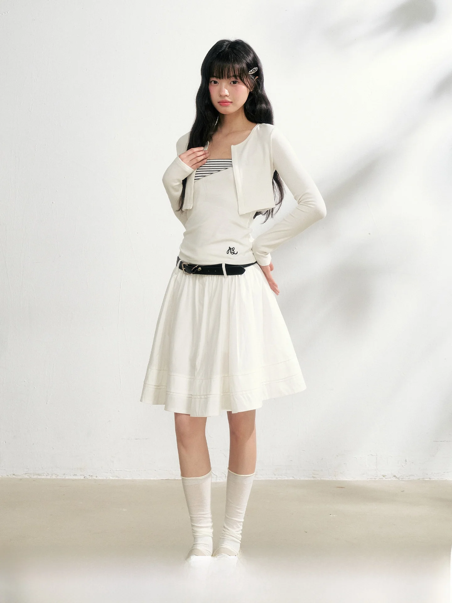 

NANGOON Basic Knitted Cardigan Tube Top Skirt Set Spring New Women's Fashion High Waist Short Length Long Sleeve Striped Soli...