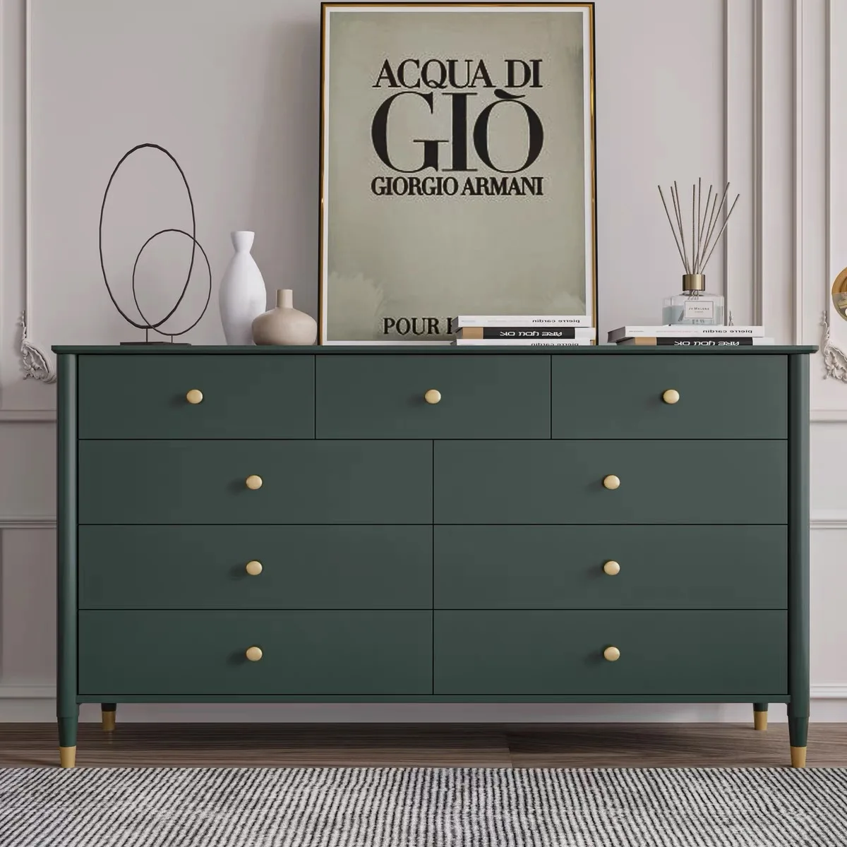 French retro solid wood bed tail nine chest cabinets dark green bedroom drawer storage locker living room light luxury cabinet