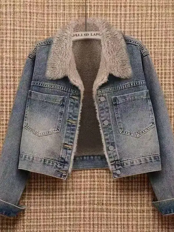 Women's Fce Lined Thiened Denim Jaet Retro Sle Loose Ort Fit All Match Winter Warm Top Button Closure Pure Color