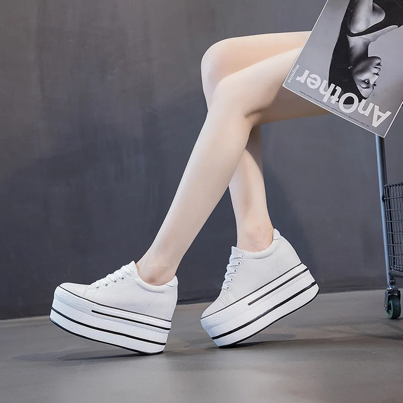 12CM Cow Genuine Leather Women Autumn Spring Fashion Hidden Heels Ladies Color Platform Wedge Chunky Sneakers Thick Soled Shoes