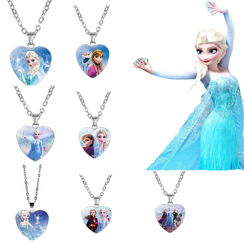 Disney Frozen Princess Necklace Children's Anime  Figures Princess Elsa Anna Love Pendant Jewelry Accessories Kids Birthday Gift