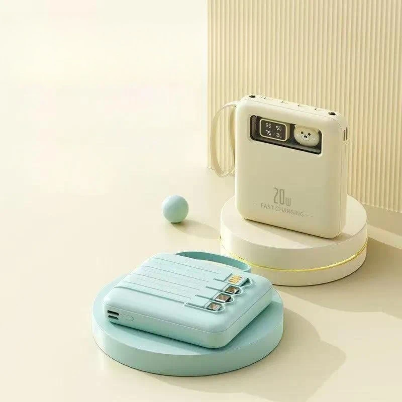 Cute Cartoon Mini Power Bank Portable Outdoor Charger with Intelligent Digital Display Solid Color 4 Built-in Cables Large
