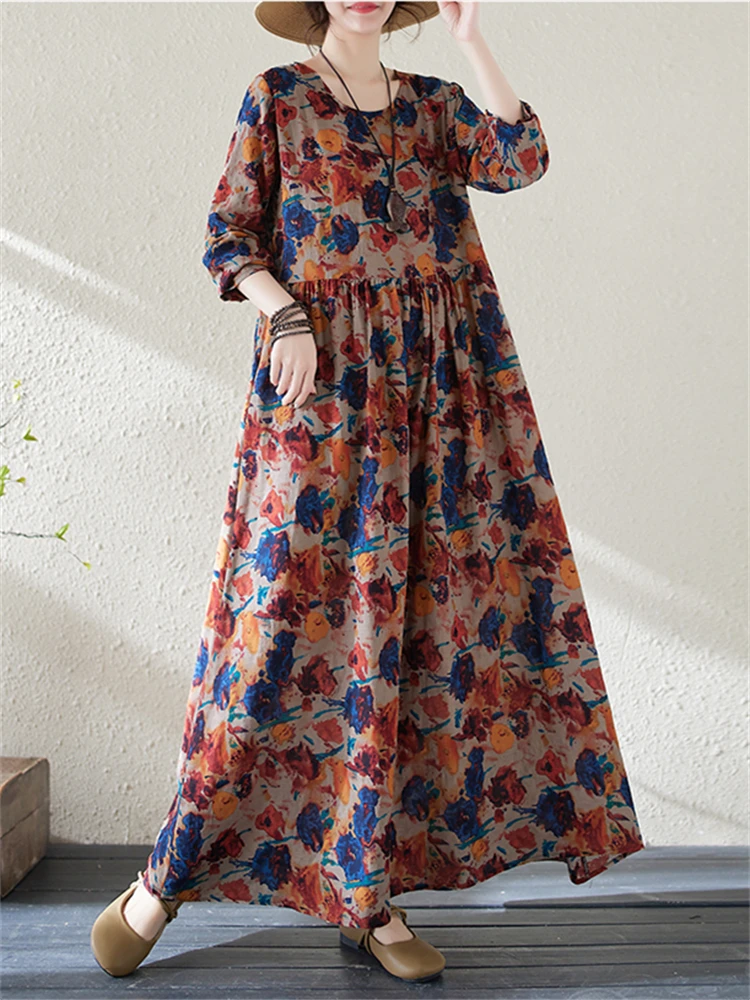 

2024 Spring Autumn Cotton Floral Vintage Dresses For Women Casual Loose Long Sleeve Fashion Elegant Dress Office Lady Clothing