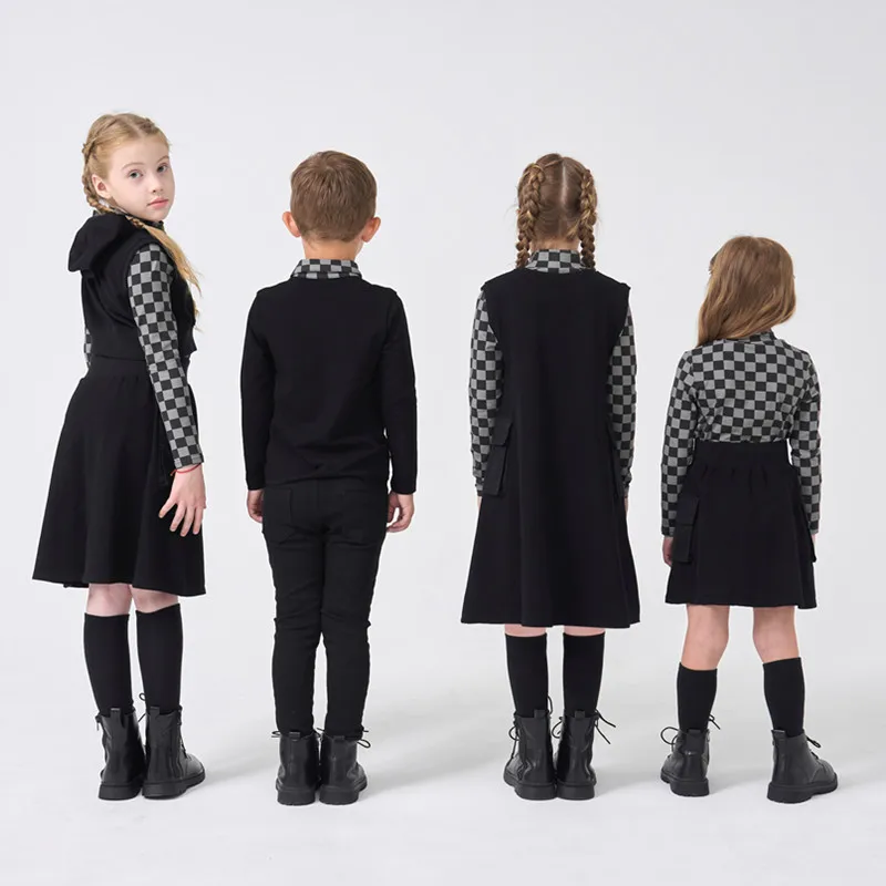 AP-Check-Baumwollkollektion für Kinder, Mädchen, Jungen, Herbst und Winter, Taschen, Pullover, Kleid, Rock, passende Familienkleidung, lässige karierte Kleidung