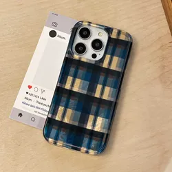 Blue yellow stripes check autume winter cover for iphone 14pro 15promax 14 13 15 pro max 13promax ins protector phone case